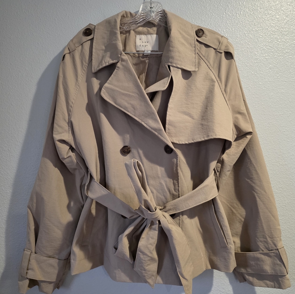 Women's Short Trench Coat A New Day Tan L - Picture 2 of 5